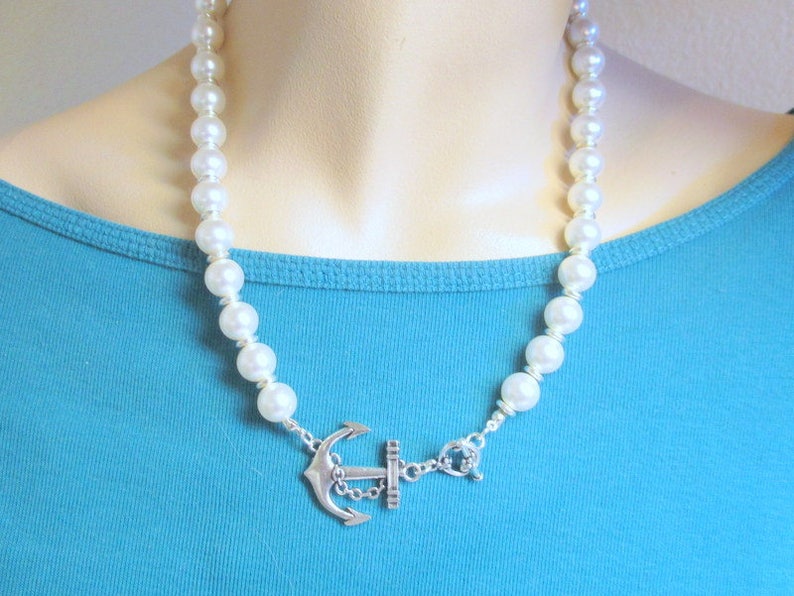 Large Anchor Pearl Necklace Anchor Necklace Jewelry Nautical Etsy