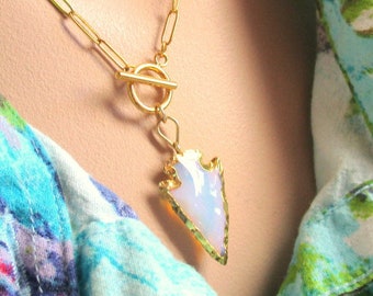 Opal Glass Arrowhead Charm, 18K Gold Fill Toggle LInk Chain Necklace, Layering Necklace, Opal Necklace, Beach Necklace, Boho Chic Necklace