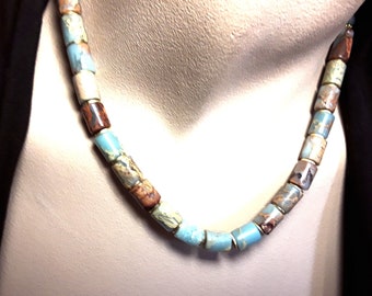 Aqua Terra Jasper Necklace, Choker Necklace, Beaded Necklace, Beaded Cylinder Necklace, Blue Aqua Terra Jasper Necklace, Gift for Her