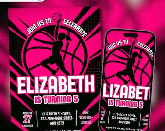 Invitación editable de baloncesto rosa, invitación de cumpleaños de baloncesto, invitación de baloncesto para niñas, fiesta temática de baloncesto, descarga instantánea