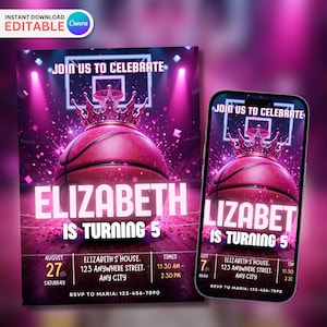 Op de afbeelding: Een roze basketbal-thema verjaardagsuitnodiging met de tekst "Elizabeth wordt 5". Het ontwerp bevat een basketbal, een kroon en de woorden "Doe met ons mee om te vieren". De uitnodiging bevat ook de datum, tijd en locatie.