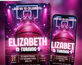 Invitación editable de baloncesto con corona rosa, invitación de cumpleaños de baloncesto, invitación de baloncesto para niñas, fiesta temática de baloncesto, descarga instantánea
