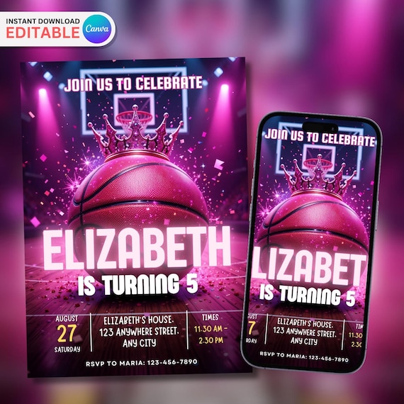 Editable Pink Crown Basketball Invitation, Basketball Birthday Invitation, Girls Basketball Invite, Basketball Theme Party, Instant Download