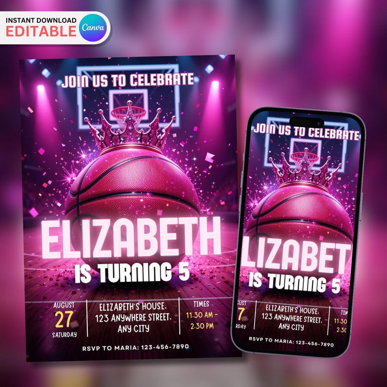 Op de afbeelding: Een roze basketbal-thema verjaardagsuitnodiging met de tekst "Elizabeth wordt 5". Het ontwerp bevat een basketbal, een kroon en de woorden "Doe met ons mee om te vieren". De uitnodiging bevat ook de datum, tijd en locatie.