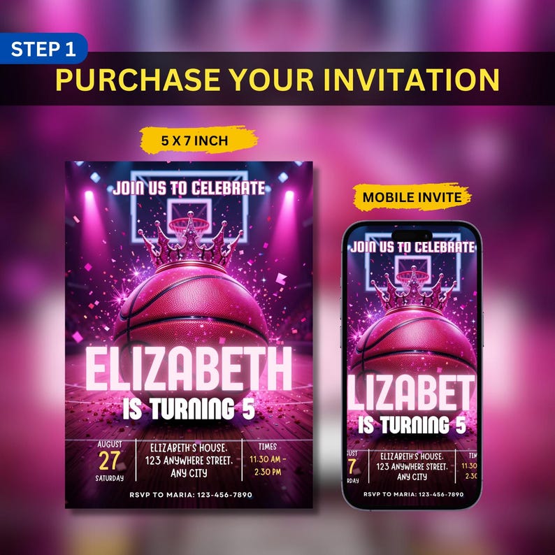 Op de afbeelding: Een verjaardagsuitnodiging met basketbalthema. De uitnodiging toont een roze basketbal met een kroon, de tekst "ELIZABETH IS TURNING 5" en evenementdetails. Een mobiele versie wordt ook getoond. De uitnodiging is 12,7 x 17,8 cm groot.