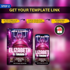 Op de afbeelding: Een digitale uitnodigingssjabloon voor een verjaardagsfeestje met basketbalthema. Het ontwerp toont een roze basketbal, een kroon en de tekst "Elizabeth wordt 5". Bevat evenementdetails en instructies om PDF-bestanden te downloaden.