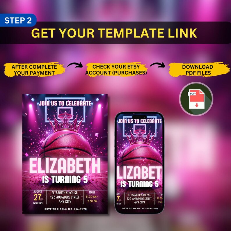 Op de afbeelding: Een digitale uitnodigingssjabloon voor een verjaardagsfeestje met basketbalthema. Het ontwerp toont een roze basketbal, een kroon en de tekst "Elizabeth wordt 5". Bevat evenementdetails en instructies om PDF-bestanden te downloaden.