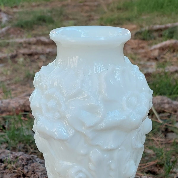Vintage Milk Glass Gaudy Poppy High Relief Vase