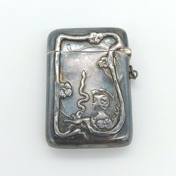 Reo Sterling Silver Antique Reproductions - Repro Art Nouveau Vesta Match Safe - Smoking Woman