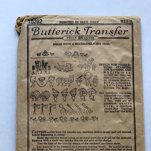 Vintage 1910s-1920s Butterick embroidery transfer pattern for kitchen linens, unusual dancing dishes & veggies, clothes pins, etc., unused