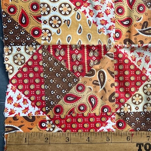 Vintage printed patchwork &quot;cheater cloth&quot; cotton remnant, ca. 1950s, 28&quot; square, warm reds, earth tones, used &quot;patina&quot; but VG