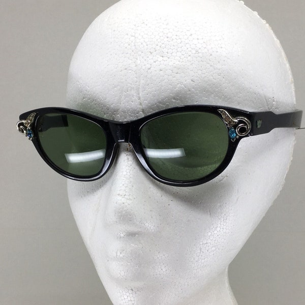 Vintage 1950s Cool Ray "Emeraldlite" cat eye sunglasses, black with clear & blue rhinestones, American Optical, green glass lenses, VG cond.