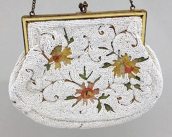 Vintage ca. 1920s white beaded evening purse, Longchamps, made in France, cream enamel frame, tambour floral embroidery, very good cond.
