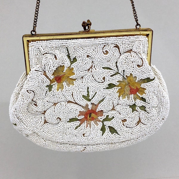 Vintage ca. 1920s white beaded evening purse, Longchamps, made in France, cream enamel frame, tambour floral embroidery, very good cond.
