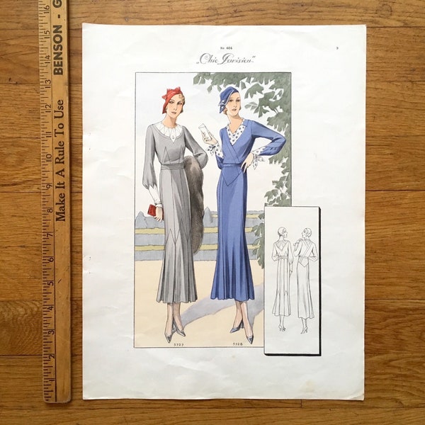 Original 1930s fashion plate from "Chic Parisien" no. 404, color lithograph, ca. 1933, day dresses, great sleeves & seams, lovely image