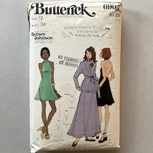 Groovy vintage 1970s Betsey Johnson for Butterick halter dress & wrap jacket pattern, no. 6907, size 12/34&quot; bust, ca. 1972, complete