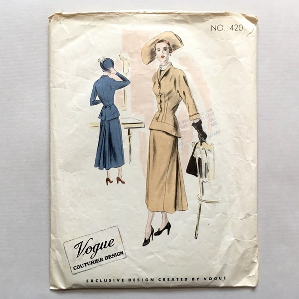 Vintage 1940s Vogue Couturier Design "new look" dress pattern, no. 420, 1948, size 18/36", suit look, skirt bustle, missing shoulder pad pc
