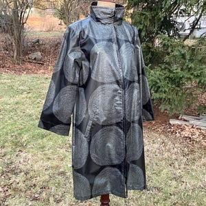 Vintage Marimekko &quot;pippurikera&quot; PVC-coated raincoat, Mika Piirainen, size S, black with gray pattern, early 2000s, mint condition