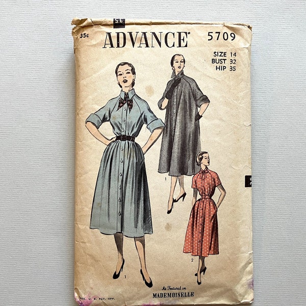 Vintage 1950s Advance "duster coat dress" pattern 5709, 1950-51, size 14/32" bust, 2-pc shaped raglan sleeves, trapeze shape, VG cond.