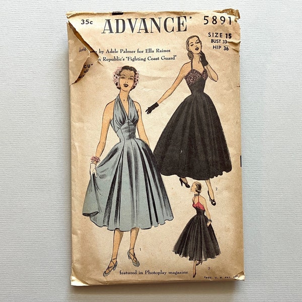 Vintage 1950s Advance halter evening dress pattern 5891, 1951, size 15/33", Adele Palmer for Ella Raines in "Fighting Coast Guard," complete