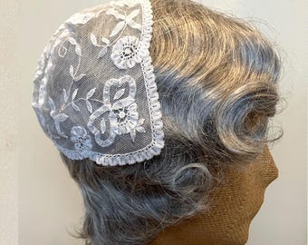Vintage 1950s white Brussels bobbin lace bridal cap, Juliet cap, hand-made lace on silk net,  Belgium, lovely and delicate, VG condition