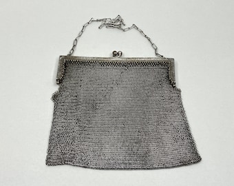 Vintage/antique German Silver mesh bag / purse, ca. 1890-1910, 6&quot; square, nickel silver, chain mail, as-is (mesh needs repair)