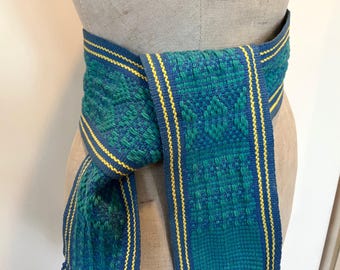 Vintage handwoven Mexican sash, tie belt, ca. 1960s, 3 1/2&quot; x 61&quot;, lovely color & pattern, solid construction, VG condition