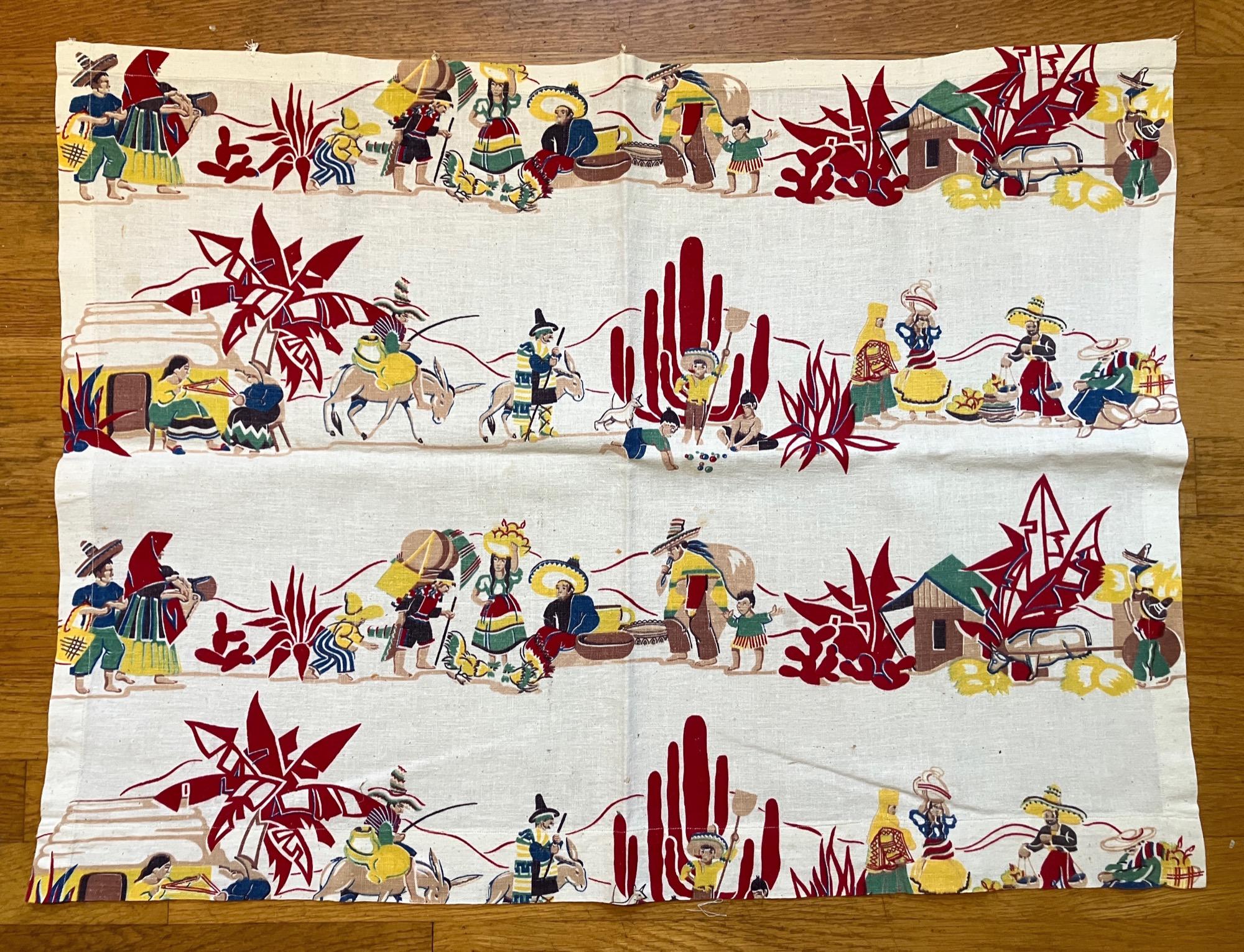 Vintage set of 1930s-1940s novelty Mexican scenes printed linen curtains, 2@ 33" x 25", conversational fabric (+2@ 33" x 54", as-is, faded)