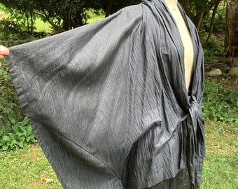 Rare, early vintage Issey Miyake black jacket & hakama skirt ensemble, late 1970s, Japan, linen, hemp, cotton, kimono-style sleeves, 9/S, EX