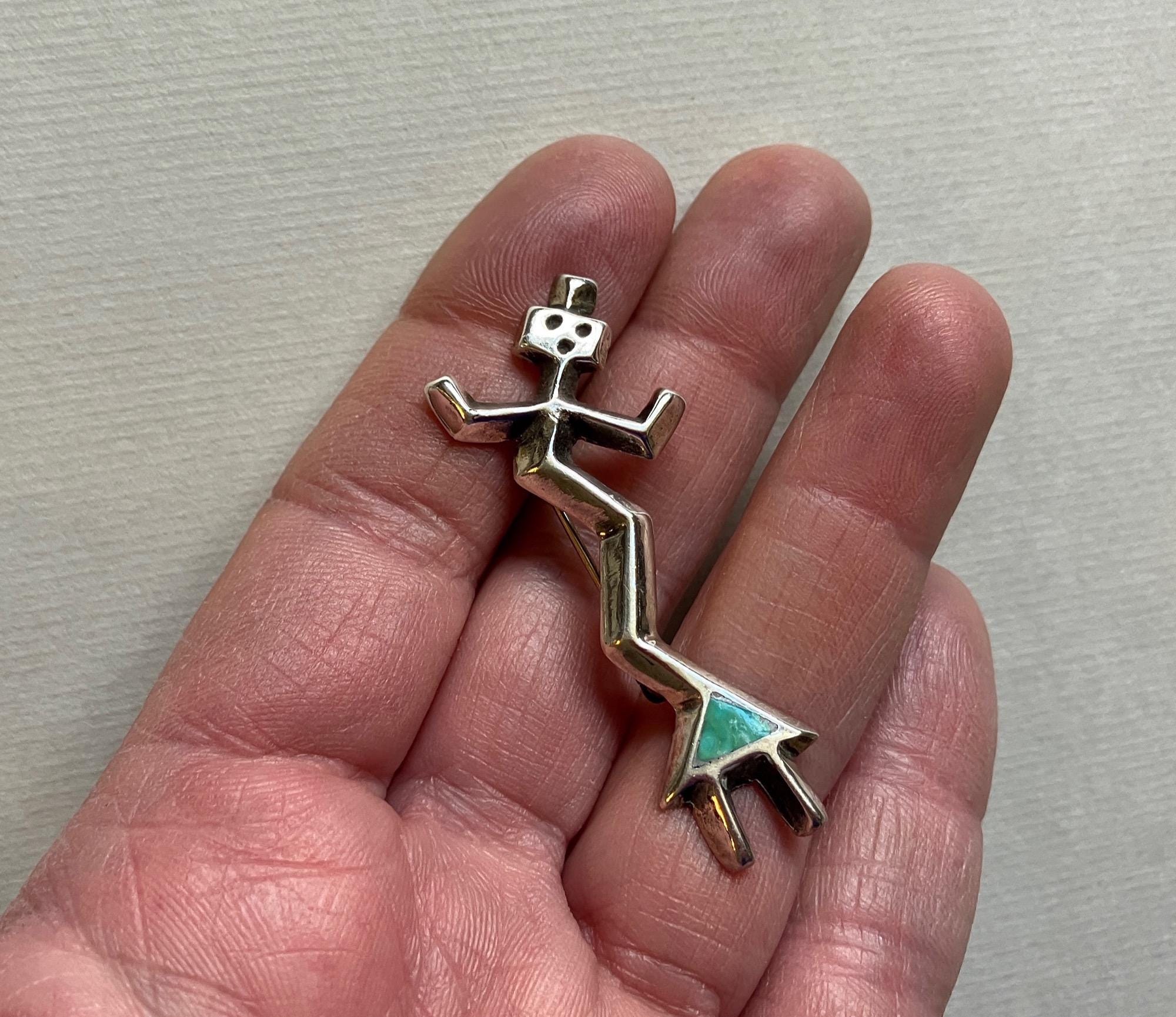 Vintage Navajo sandcast dancing Yei brooch, silver with turquoise, ca. 1960s, 2 1/8" long, Native American Southwest jewelry