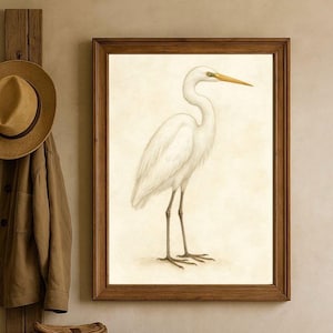 Great Egret Bird Wall Art – Neutral Coastal Decor, Minimalist Shorebird Illustration for Cottagecore or Beach House