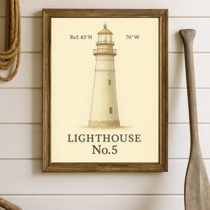 Farol nº 5 – Arte de parede costeira minimalista | Farol náutico para impressão | Quadro de aquarela para decoração de casa de praia