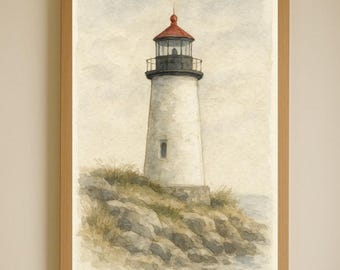 Watercolor Lighthouse on the Rocks – Coastal Wall Art Print, Nautical Lighthouse Painting, New England Maritime Decor, Beach Cottage Artwork
