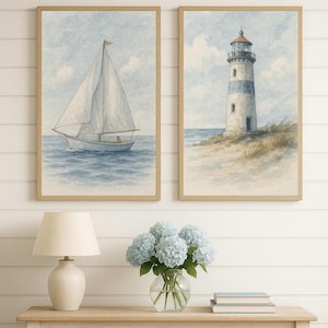 Sailboat & Lighthouse Wall Art Set – Coastal Watercolor Prints, Nautical Digital Download, Beach Cottage Decor