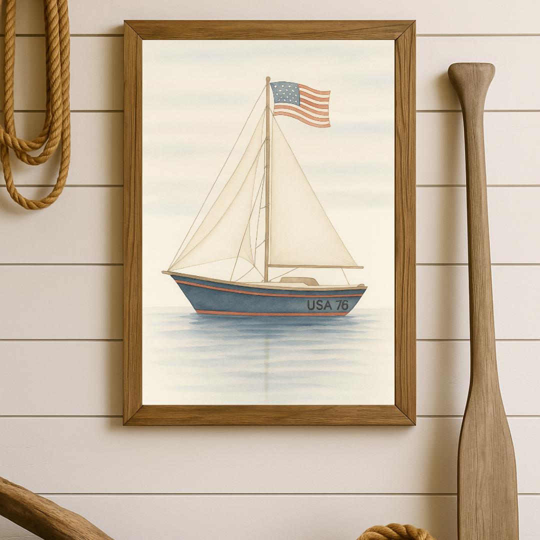 Nautical Sailboat Watercolor Print: American Flag Coastal Art (digital ...