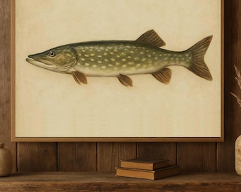 Northern Pike Wall Art, Vintage Fish Print, Rustic Cabin & Lake House Decor, Fisherman Core, Coastal Americana, Digital Download