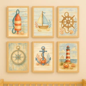 Curated Nautical Nursery Wall Art Set – Sailboat, Lighthouse, Anchor + More | Coastal Baby Room Decor | Digital Download Prints
