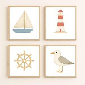 Nautical Nursery Wall Art Set | Scandinavian Coastal Prints | Lighthouse, Sailboat, Seagull & Helm | Digital Download