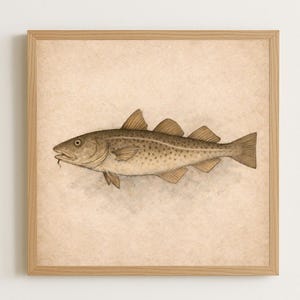 Könnte beinhalten: Gerahmter Kunstdruck mit einer detaillierten Illustration eines Kabeljaus. Der Fisch ist in Braun- und Beigetönen dargestellt, mit sichtbaren Flossen und Schuppen. Das Kunstwerk ist vor einem neutralen Hintergrund platziert und in einem hellen Holzrahmen gefasst.