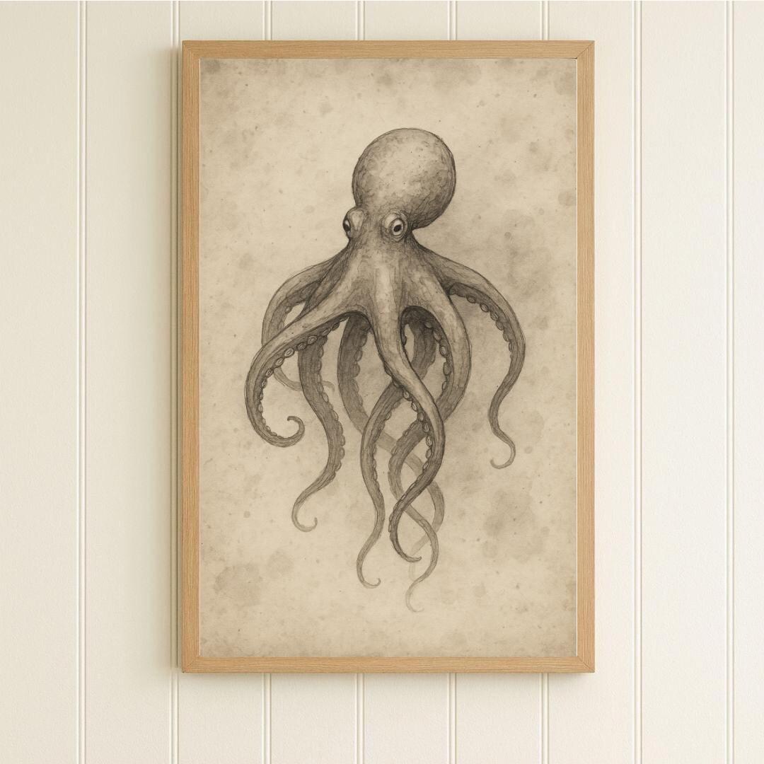 Vintage Octopus Illustration | Coastal Academia Wall Art Print | Ocean ...