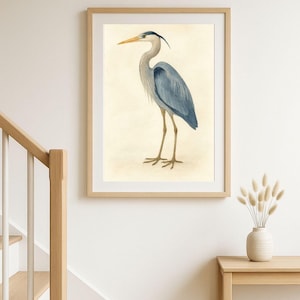 Great Blue Heron Watercolor Wall Art – Minimalist Coastal Bird Print | Cottagecore, Bathroom, Stairwell or Laundry Decor