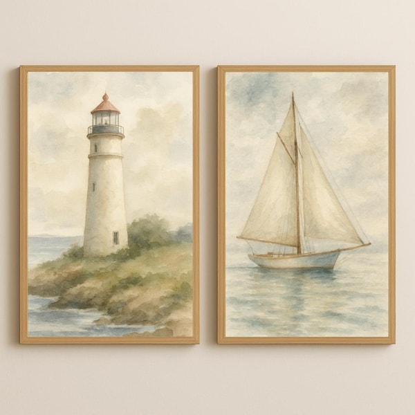New England Lighthouse & Sailboat Print Set, Coastal Nautical Wall Art, Watercolor Beach Cottage Decor, Vintage Seaside Printable