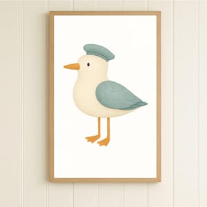Baby Seagull Mariner Nursery Print, Coastal Nautical Nursery Wall Art, Scandinavian Baby Room Decor, Digital Download