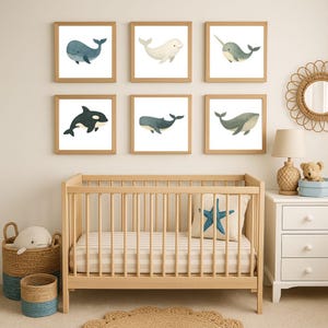 Watercolor Whale Nursery Wall Art Set, 6 Printable Whale Prints, Ocean Baby Animal Décor, Coastal Nursery, Digital Download