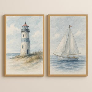 Ensemble d'art mural voilier et phare - aquarelles côtières, téléchargement numérique nautique, décoration de chalet de plage