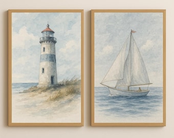 May include: Watercolor art prints of a lighthouse and sailboat in wooden frames. The lighthouse is white and blue with a red top, set on a sandy shore. The sailboat has white sails on blue water.