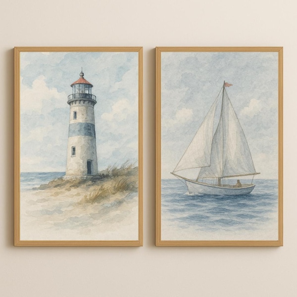 Sailboat & Lighthouse Wall Art Set – Coastal Watercolor Prints, Nautical Digital Download, Beach Cottage Decor