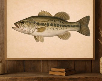 Largemouth Bass Vintage Wall Art Print | Fisherman Core Cabin Decor | Rustic Lodge Fishing Illustration | Printable Digital Download