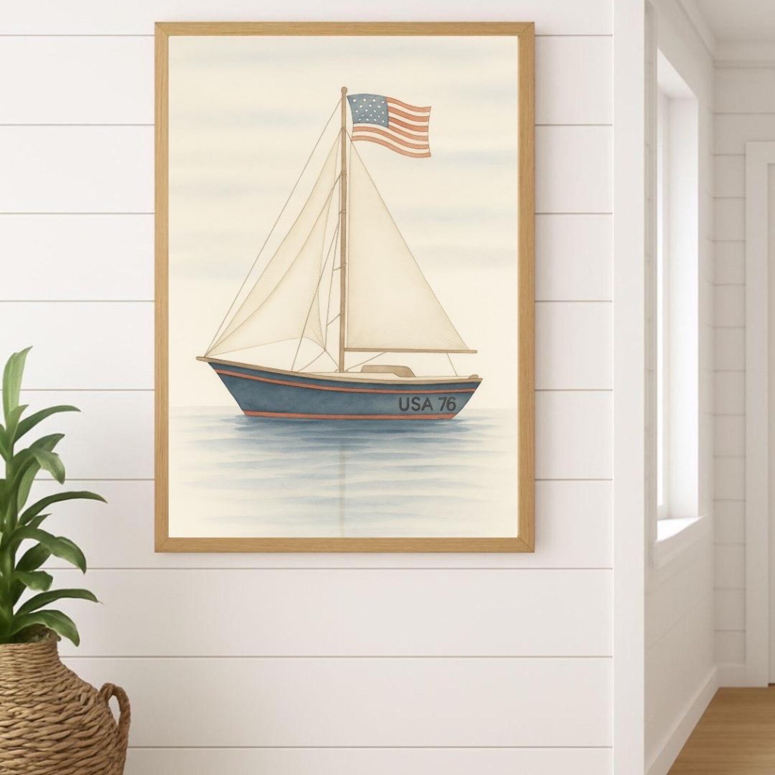 Nautical Sailboat Watercolor Print: American Flag Coastal Art (digital ...