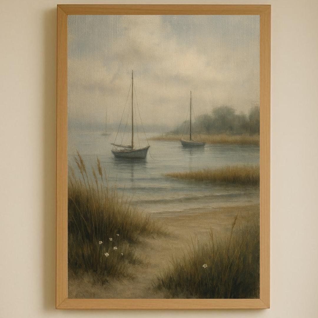 Sailboat Neutral Coastal Art Print, Tonalist Maritime Wall Art, Misty ...